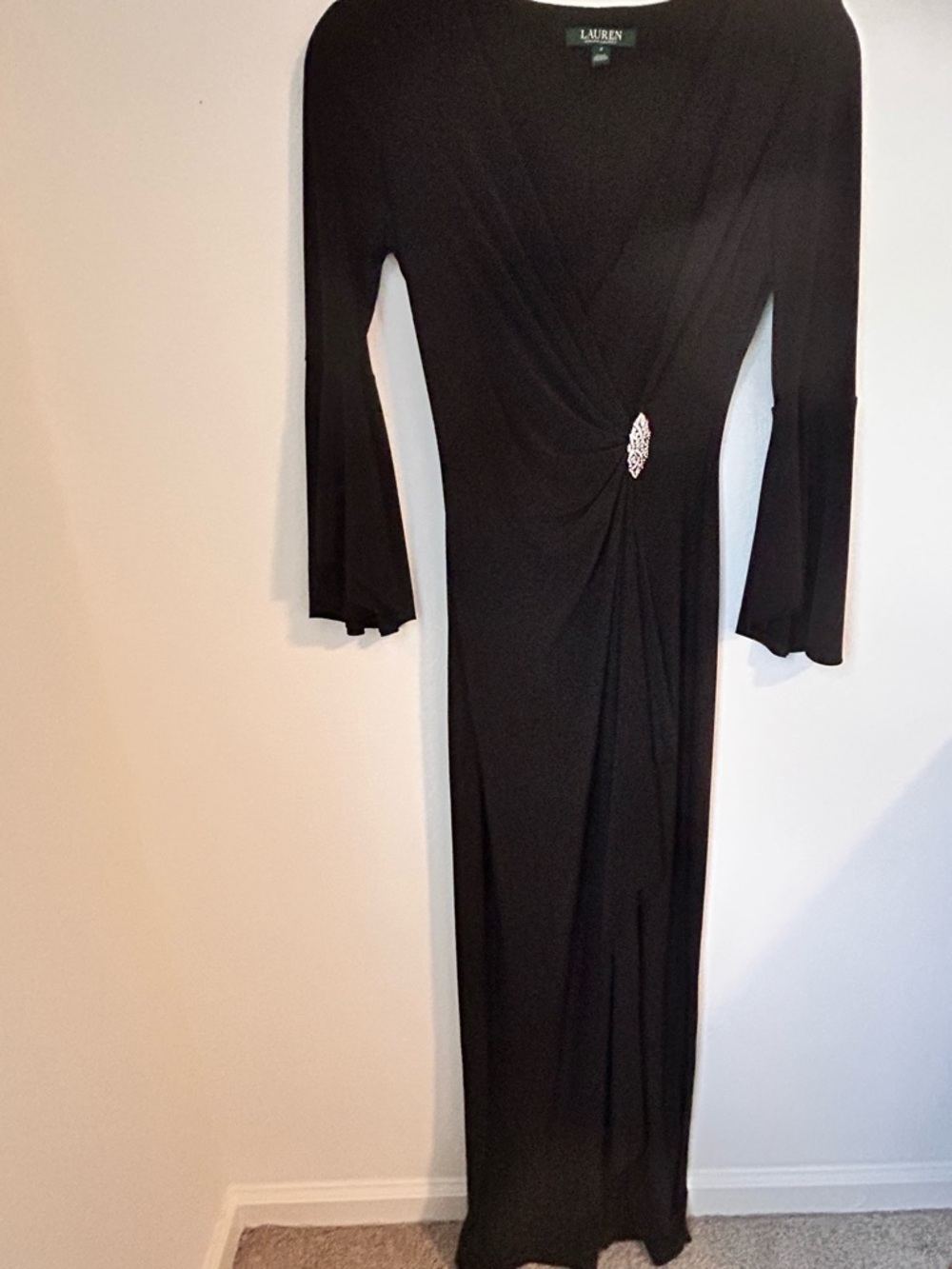 Lauren Ralph Lauren Black Ruched Maxi Dress w/ Rhinestone Brooch Detail